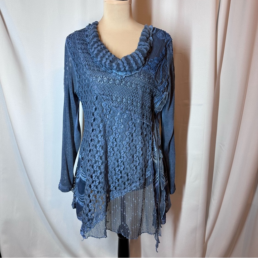 Simply Couture Tunic Top Sz M Lace Long Sleeve Lagenlook Blouse Cowl‎ Neck EUC
